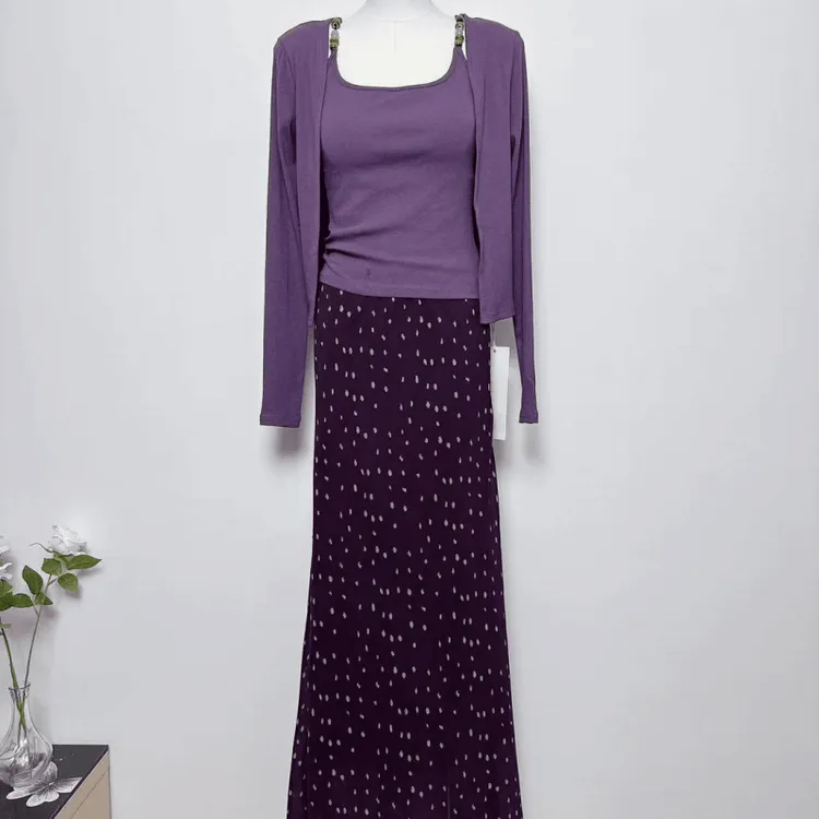 早秋新款紫色串珠吊带开衫外套+吊带背心+碎花直筒半身裙三件套装