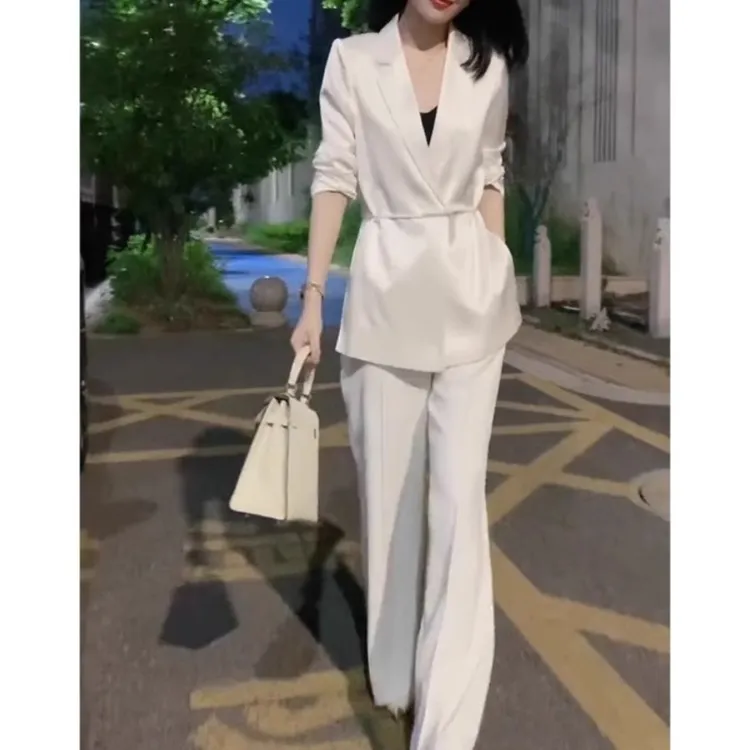 新中式女装国风盘扣白色七分袖西装套装春夏薄款西服阔腿裤两件套