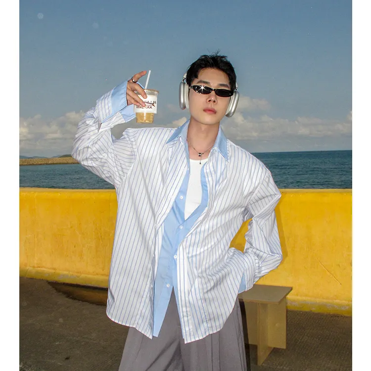 拼接韩式学院风少年感男士衬衫休闲秋季情侣撞色春夏条纹长袖上衣