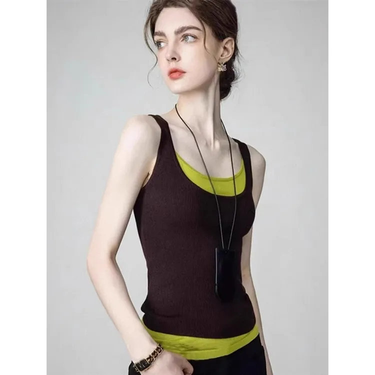 芯娇晴撞色两件套针织吊带背心女装内搭外穿时尚气质叠穿无袖上衣