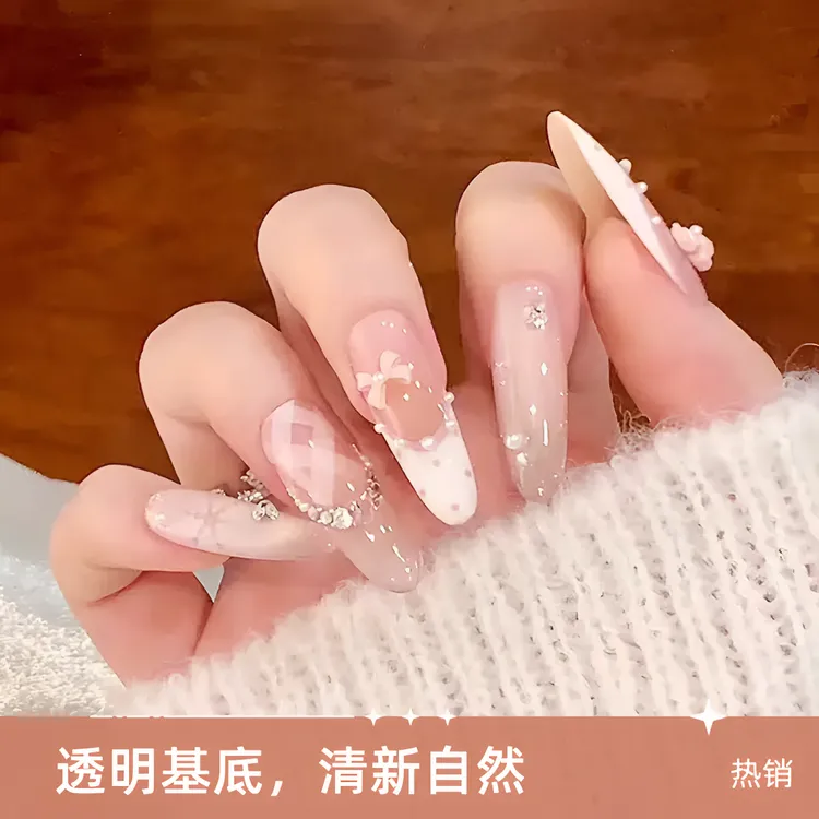 秋冬温柔甜美粉嫩蝴蝶结手工法式高级美甲轻奢波点显白猫眼穿戴甲