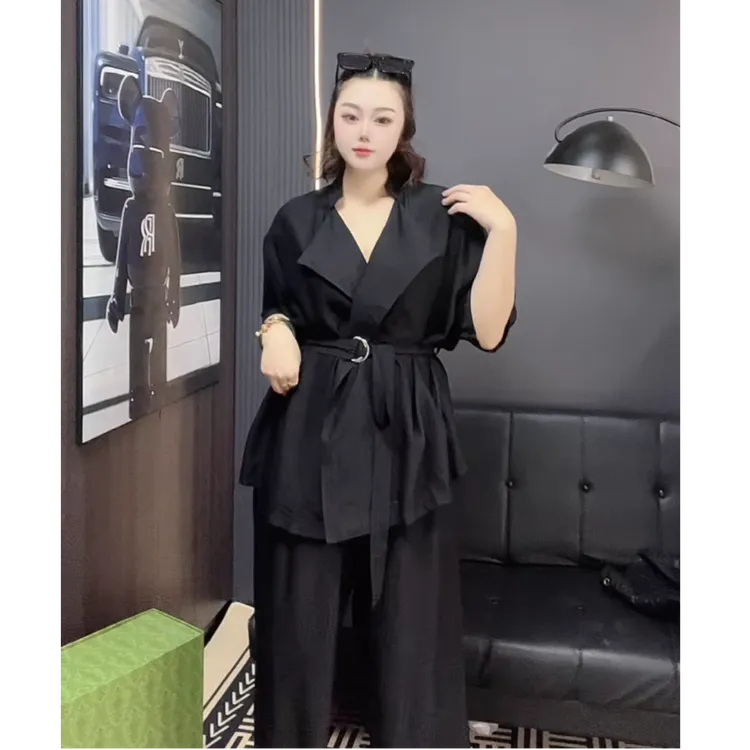 欧货高级感时尚套装显瘦夏季阔腿裤收腰休闲衬衫设计师套装