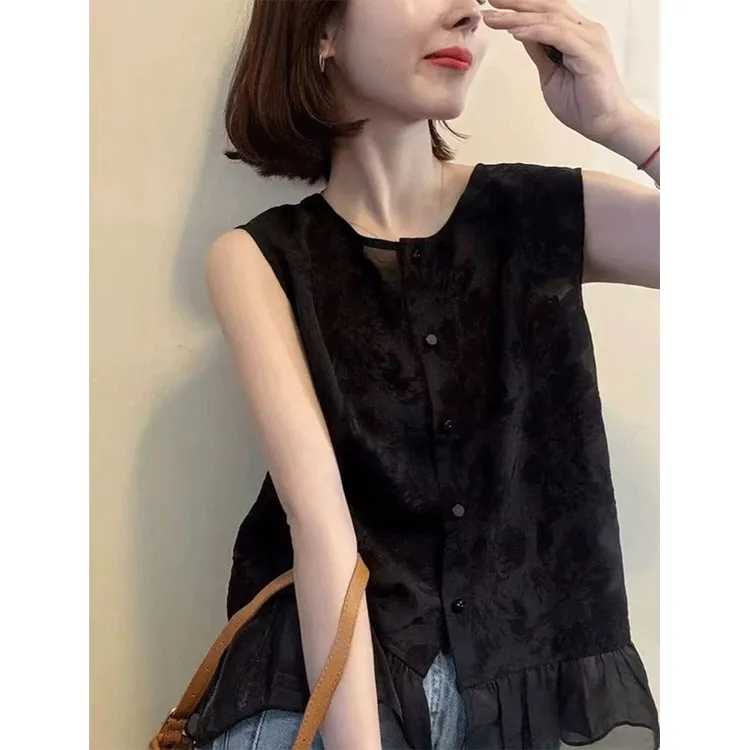 提花无袖衬衫女2025夏季新款韩版时尚网纱荷叶边宽松洋气百搭上衣