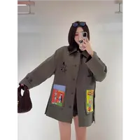 临典LDAB军绿色外套女2025春秋新款复古彩色漫画印花情侣百搭夹克