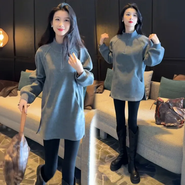 拉夏贝尔加绒卫衣长袖2025秋冬款半拉链上衣中长款无帽打底衫