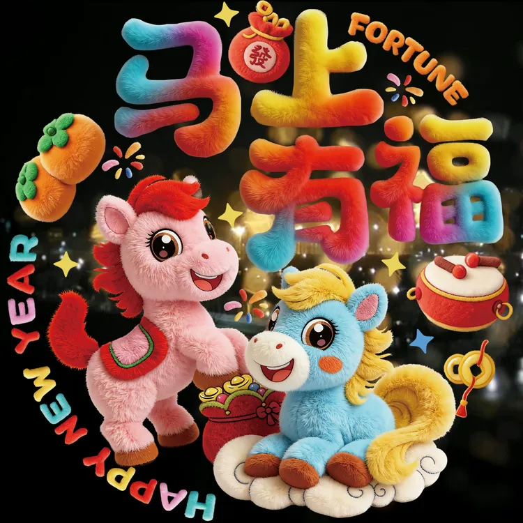 5D可爱小马毛绒质感静电贴装饰品橱窗玻璃新家装饰过年布置新年福