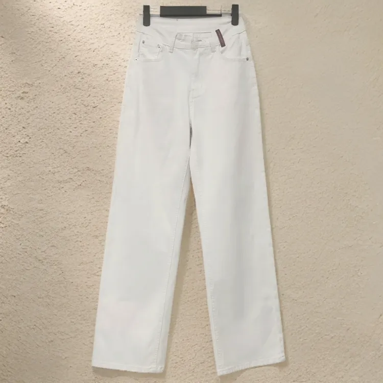 二师兄牛仔夏季新款窄版直筒阔腿裤白色百搭杏色时尚5823款A-4-7