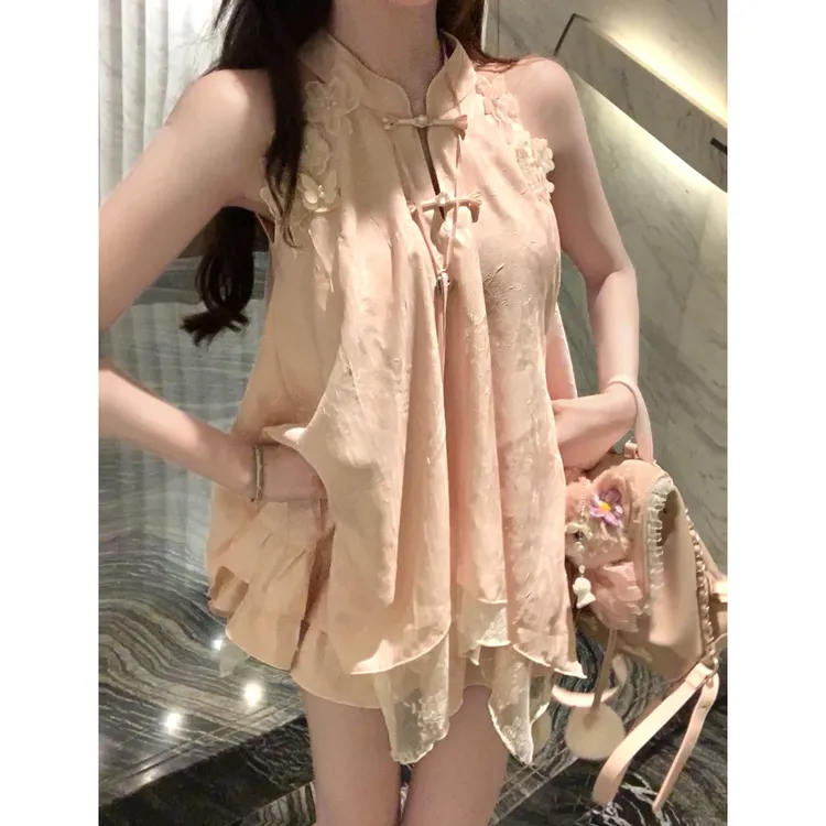 粉黛霓裳 国风新中式挂脖盘口宽松无袖短款连衣裙短裙时尚两件套