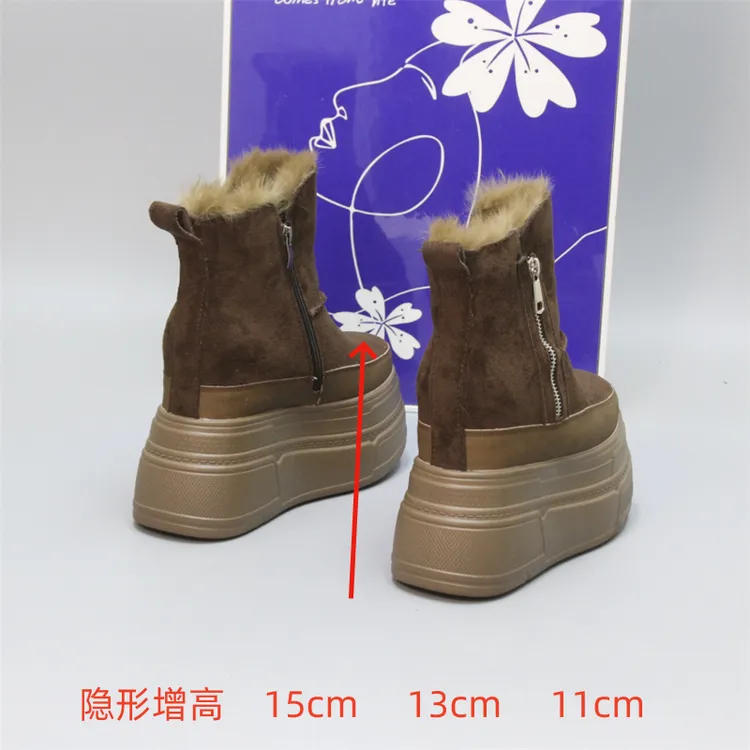 内增高15cm厚底雪地靴女冬保暖加绒加厚15短靴棕色拉链兔毛马丁靴