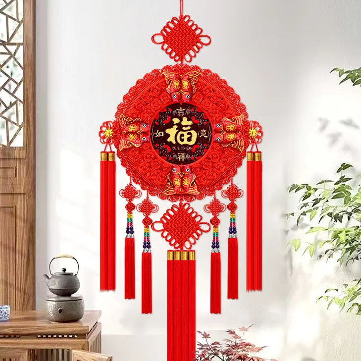 新款手工编织桃木中国结福字挂件大号圆形玄关装饰品乔迁新年装饰