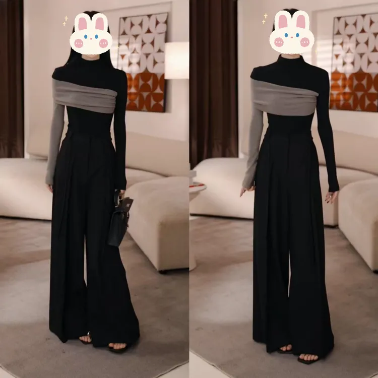 【从简而行】拼接撞色长袖T恤女百搭打底衫上衣+休闲阔腿裤BB50396