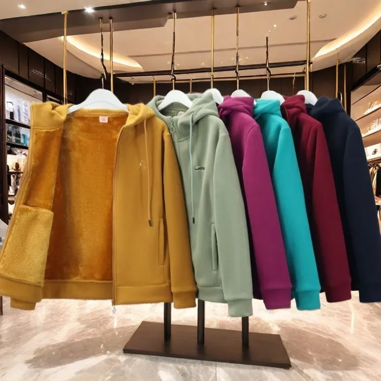 新款女士【加绒加厚】摇粒绒连帽精品时尚休闲长袖修身保暖外套