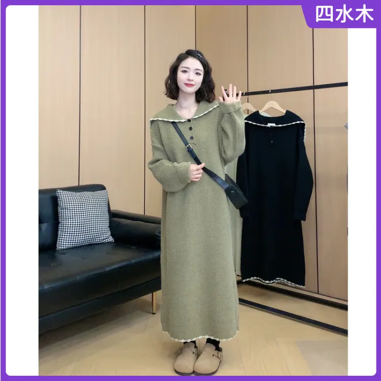 1设计感海军领花边拼接毛衣裙2025秋冬新款大码胖MM洋气减龄连衣l