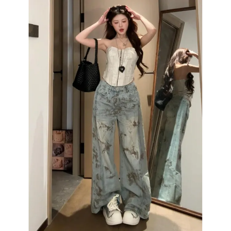 美式辣妹2025夏季新款小众设计感纯欲性感抹胸背心高腰牛仔裤套装