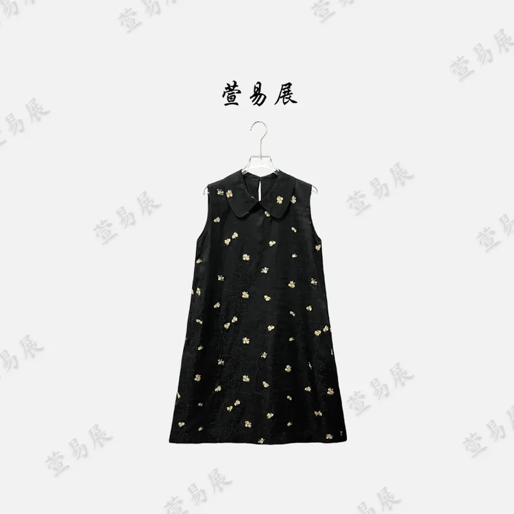 萱易展-“夜澜”轻奢设计师款重工刺绣龟裂暗纹连衣裙-QZ071201