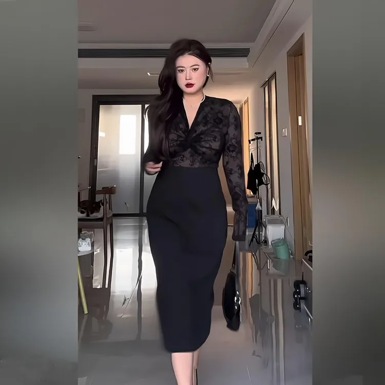 【橙子专属】运补6-8爆款御姐蕾丝内搭扭结V领连衣裙秋季气质修身开叉包臀长裙