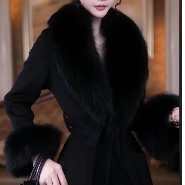 【猫猫专属】经典黑色超大狐狸毛领双面羊毛大衣修身显瘦加长款