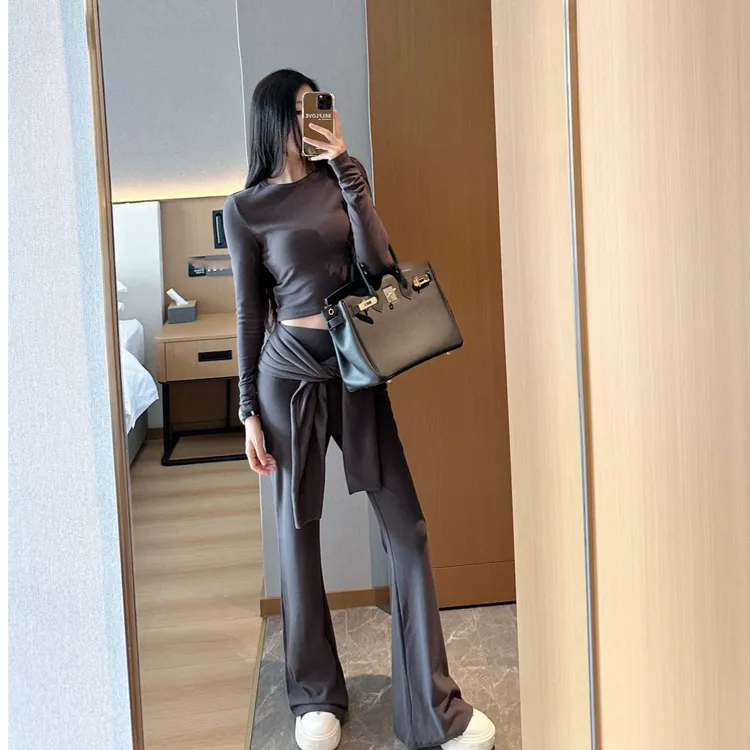 2024秋冬新款时尚套装气质显瘦洋气休闲百搭修身长袖上衣阔腿长裤