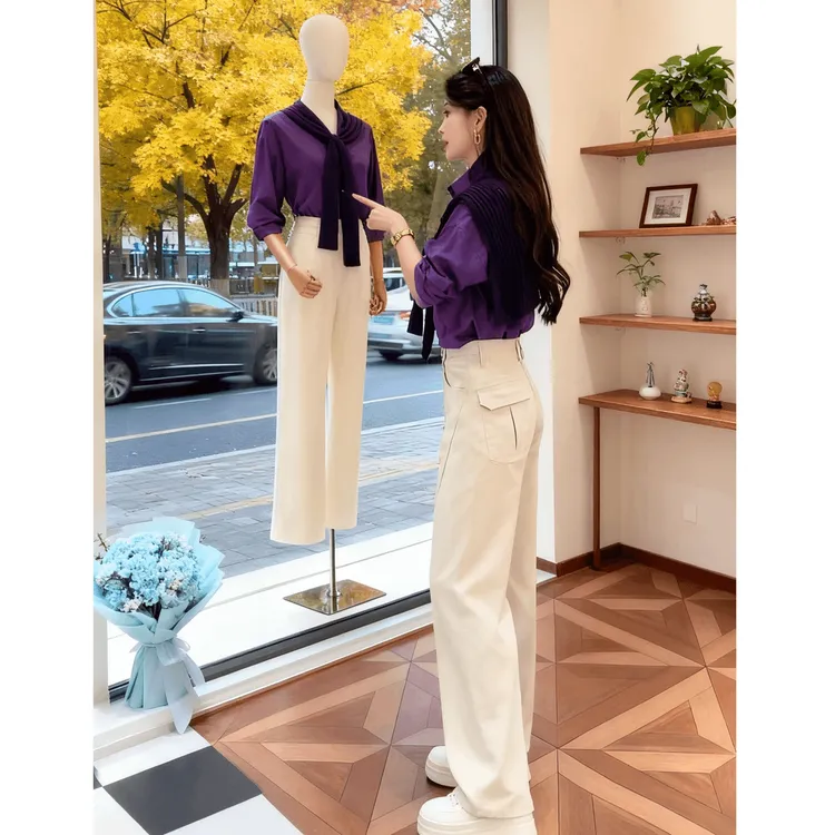 休闲风时尚套装女早秋新款长袖衬衣韩版气质披肩高腰休闲裤两件套