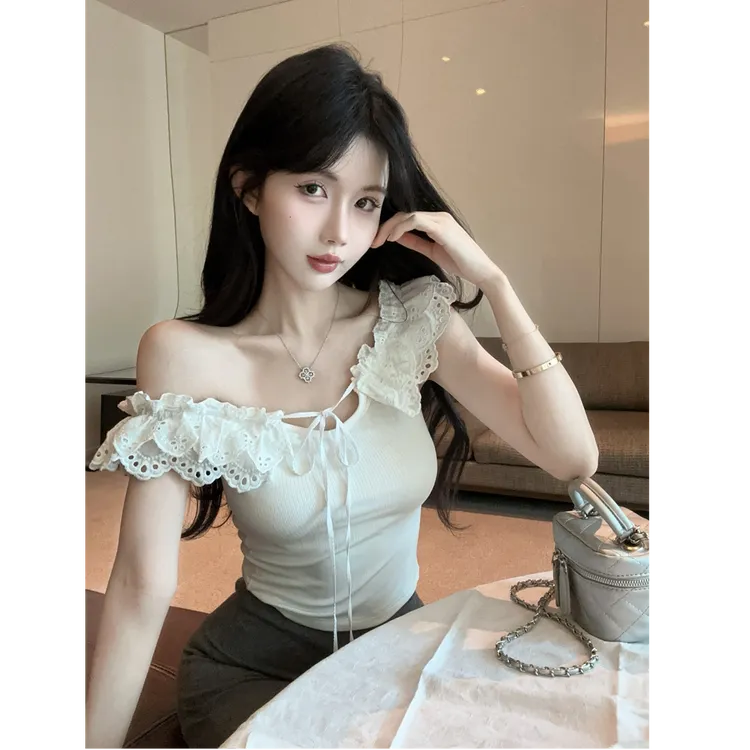 纯欲一字肩拼接花边针织衫女收腰设计感紧身短款法式上衣