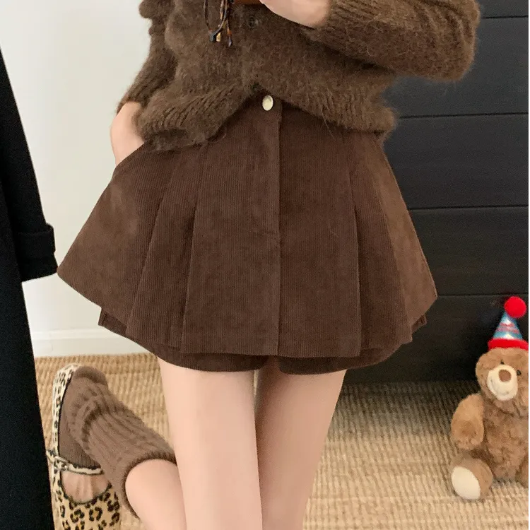 假两件灯芯绒百褶裙裤女秋冬新款半身裙加厚裤裙胖m高腰显瘦A字裙