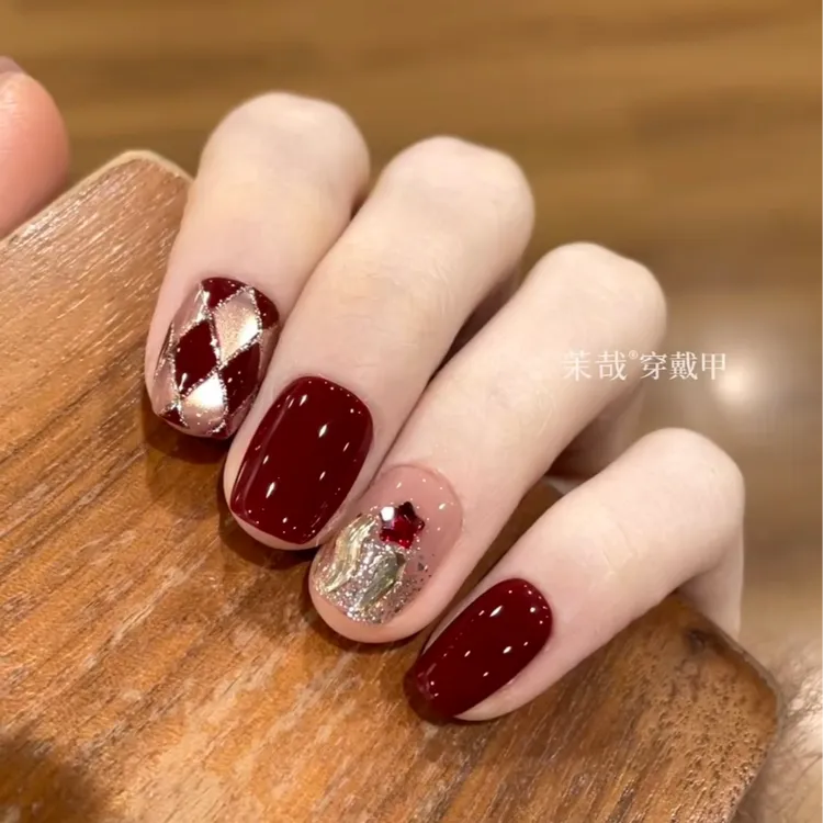 茉哉III现货【红光菱格/ab甲】纯手工定制美甲拆卸穿戴甲A5354