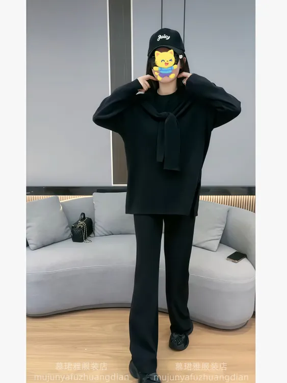 秋冬2025新款休闲减龄慵懒风圆领毛衣披肩针织阔腿裤子三件套装女