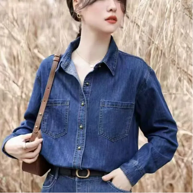 【琪宝瑞】蓝色衬衣牛仔衬衫女叠穿百搭小众设计感复古港味长袖333