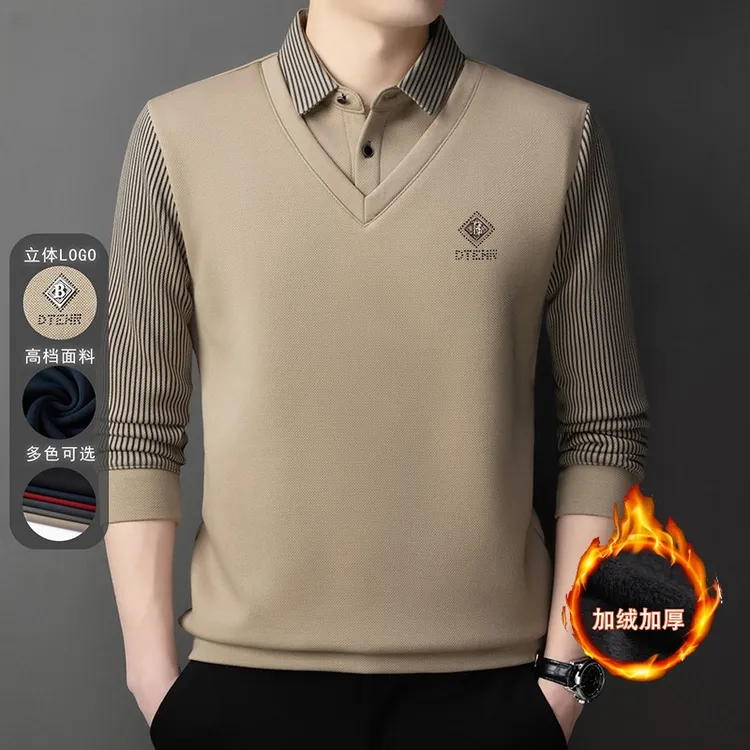 上衣秋冬高档男士翻领休闲百搭假两件加绒POLO衫加厚长袖打底衫潮