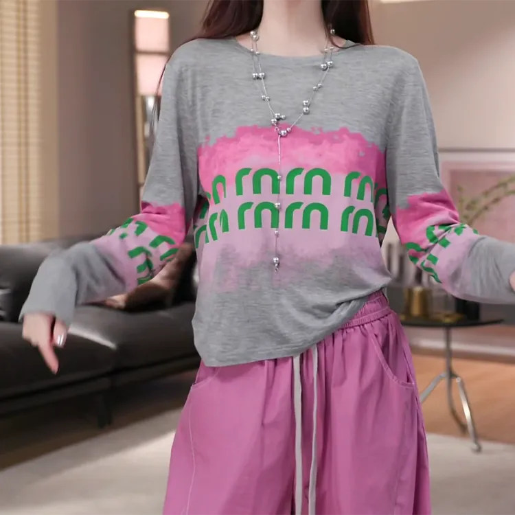 长袖T恤女夏季薄款时尚百搭休闲洋气长袖防晒上衣C5706