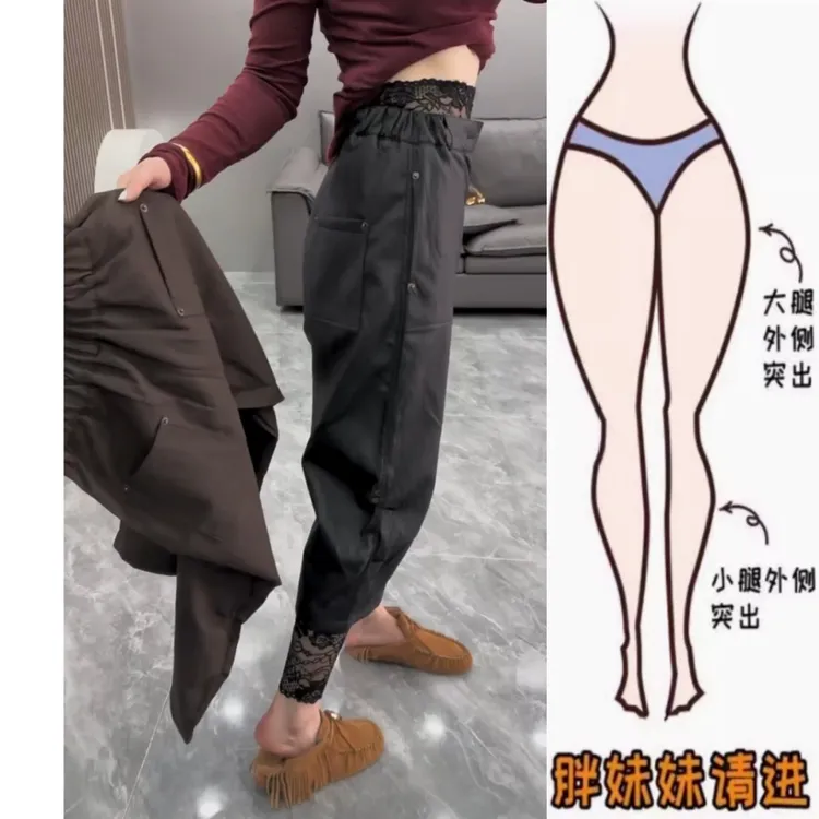 景倩妮洋气高级感哑光皮裤2025年早秋新款梨形高腰显瘦八分弯刀裤