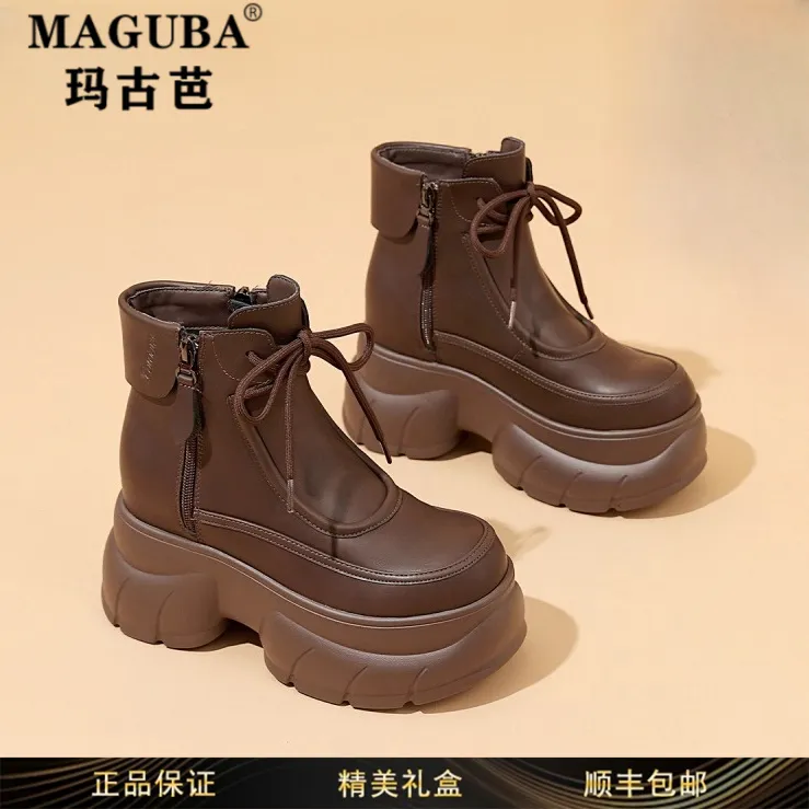 玛古芭女鞋厚底粗高跟防滑短筒马丁靴女爆款加绒加厚时尚雪地靴子