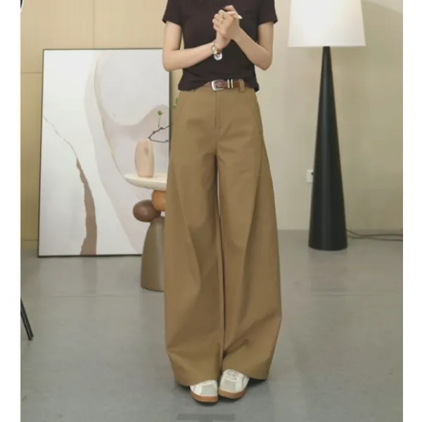 啄木鸟秋款新款阔腿裤时尚压褶宽松休闲裤显瘦女裤子柔软舒适直筒