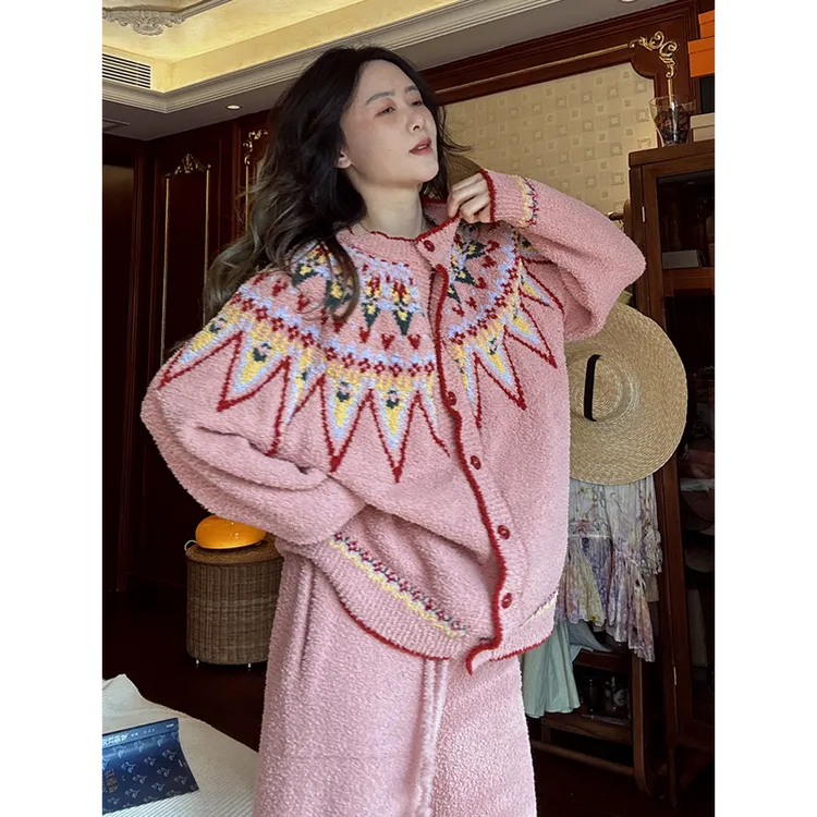 复古针织半边绒睡衣女秋冬季款新款保暖加厚大码家居服套装可外穿