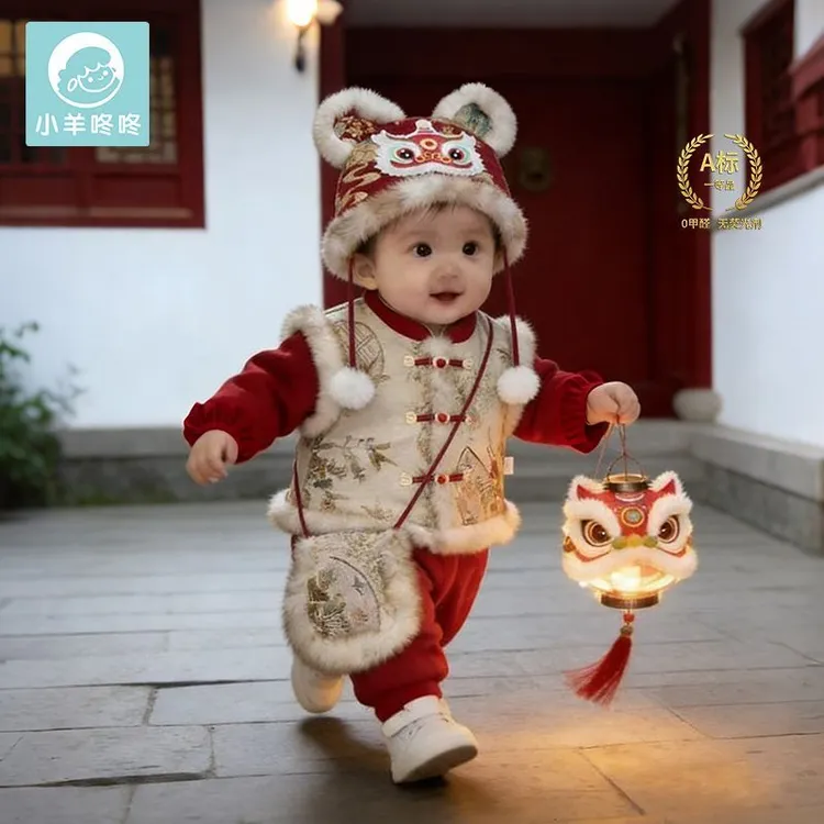冬季新款花开富贵男女宝婴幼喜庆贺岁连体中式哈衣爬爬外出服
