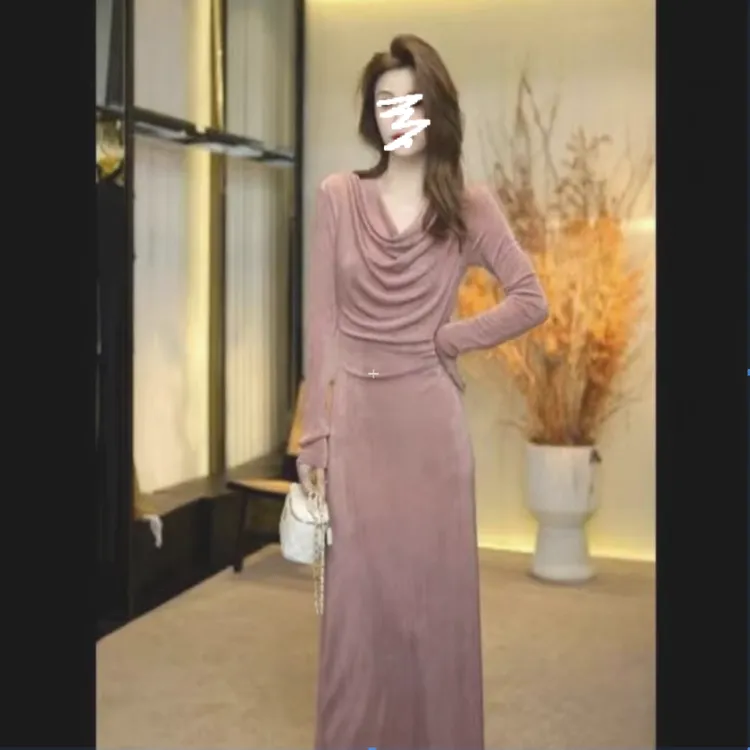 连衣裙女装秋季新款收腰显瘦性感轻熟风设计荡领包臀长裙子3399#