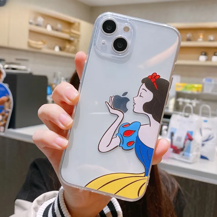 可爱线条白雪公主亲苹果16pro手机壳适用iPhone15/14透明全包个性