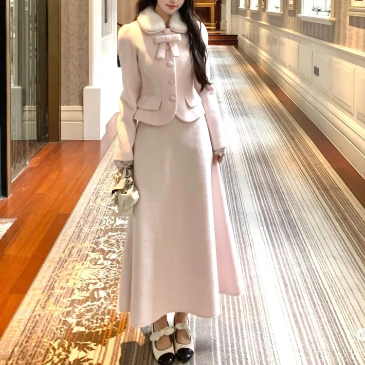 大码粉色毛呢外套高腰a字半身裙套装女秋法式气质千金风两件套