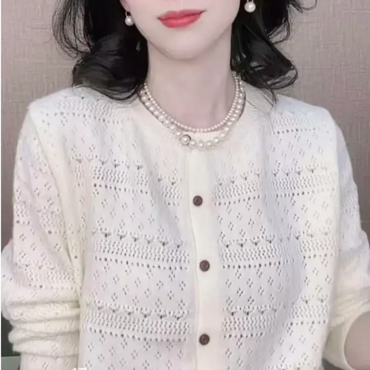 【大码】978法式慵懒感镂空纯色开衫百搭宽松减龄针织衫长袖女款