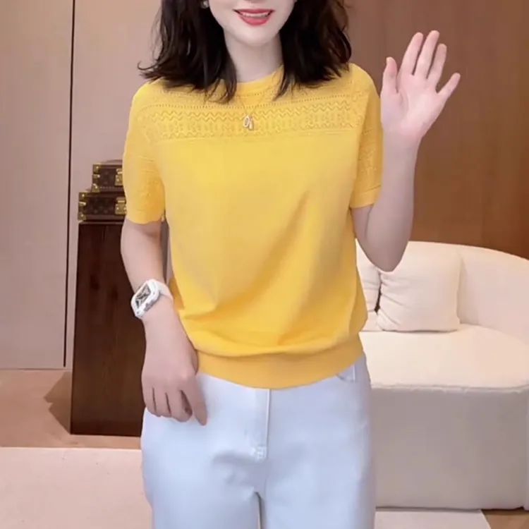 黄色气质显瘦显白时尚百搭圆领镂空手工针织小衫短袖衣服H8-17