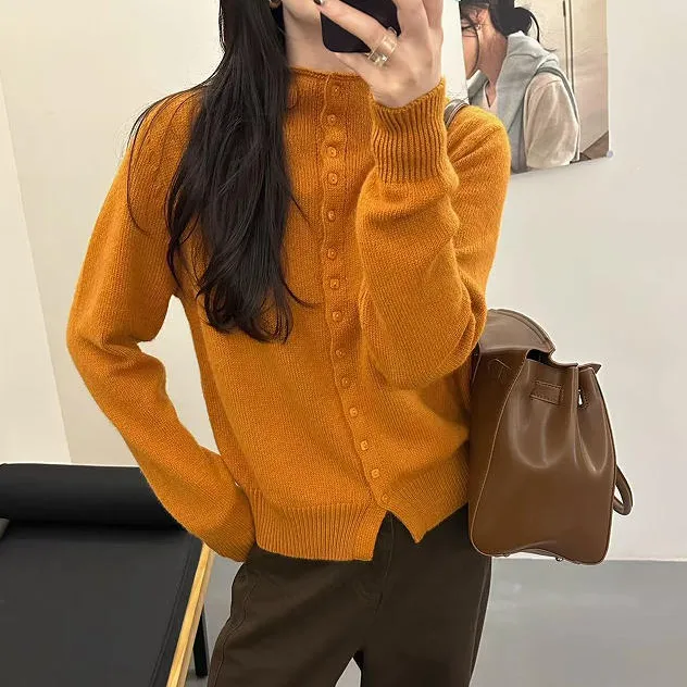 高级感一排扣半高领毛衣开衫女秋冬2025新款宽松慵懒风打底针织