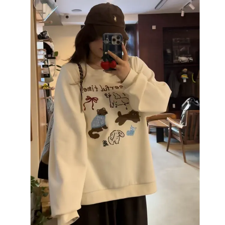 【瘦瘦】大码秋季猫学院风不起球加厚圆领显瘦百搭长袖卫衣x0024