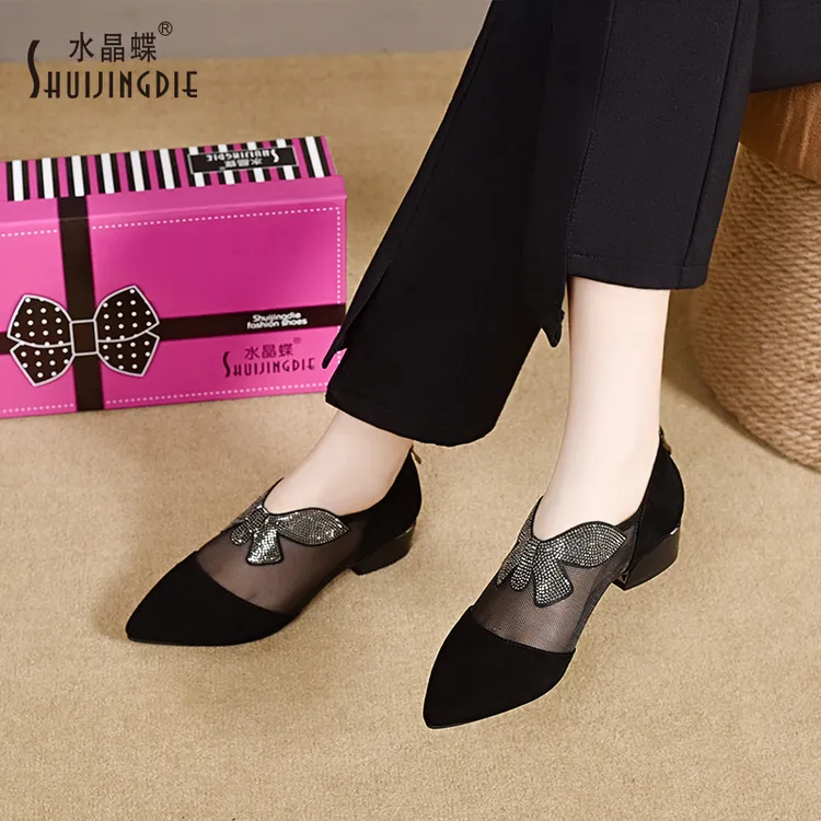 水晶蝶2025新款气质软底低跟单鞋透气水钻网纱粗跟欧若风时尚女鞋