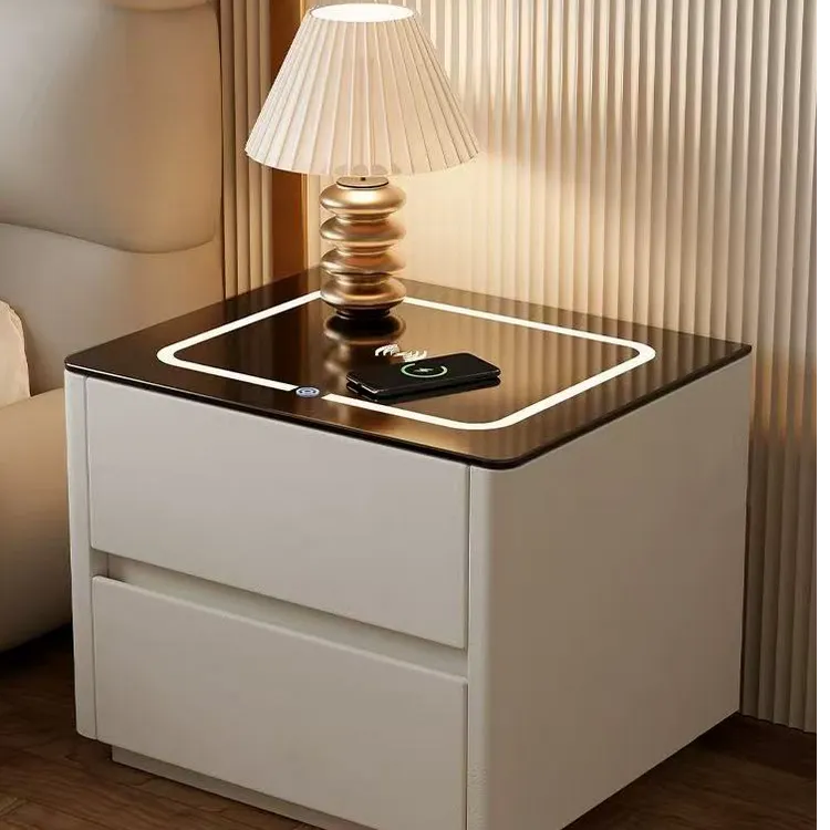 智能床头柜，带钢化玻璃面灯，无线充电，USB充电，蓝牙音箱，指纹锁