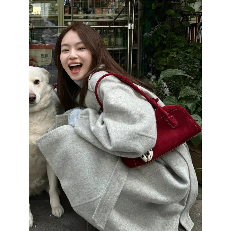 赫本风灰色呢子大衣女2025秋冬新款毛呢外套小个子气质韩系中长款