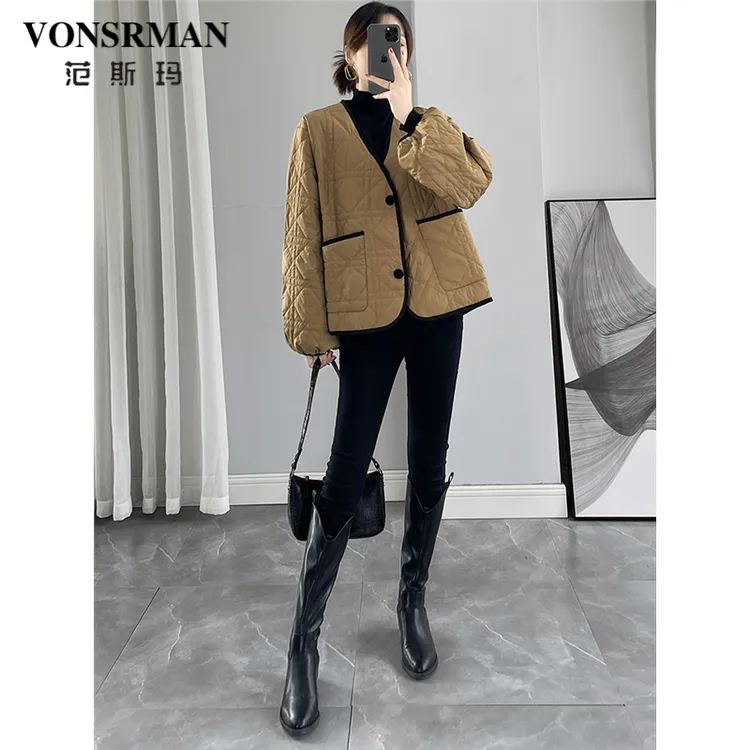 轻薄短款羽绒服女冬季2025新款时尚休闲V领灯笼袖宽松白鸭绒外套