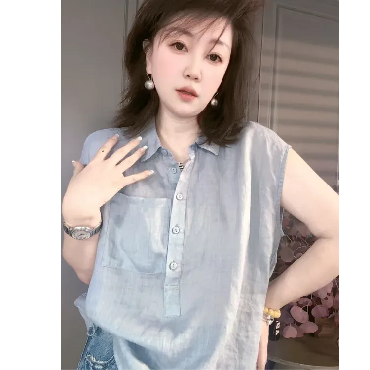 【广州薇姐】翻领纯色口袋夏季薄款衬衫小衫3151