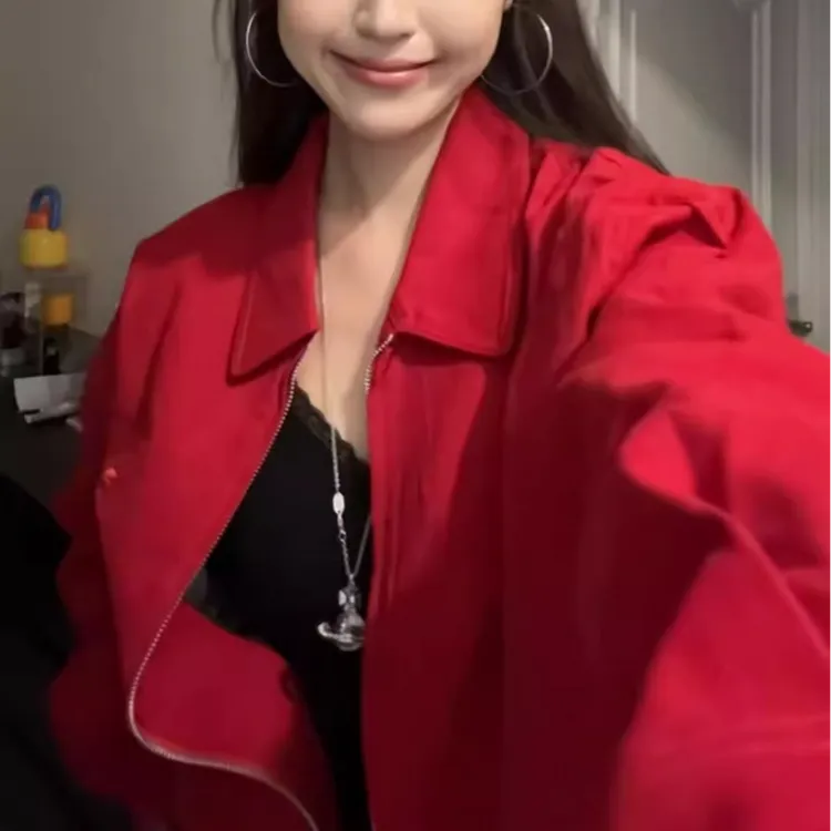 初春外套女2025新款翻领哈灵顿宽松休闲百搭男女款红色夹克上衣潮