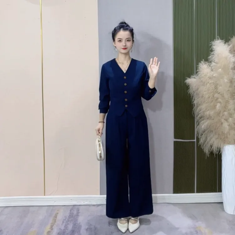 【幽蓝琦梦】2025小个子秋季简约v领显瘦上衣高腰直筒阔腿裤套装JH