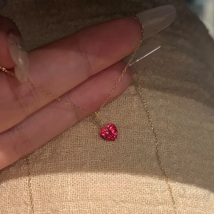 合金项链 【跳动的心】樱桃红色防宝石爱心极细项链锁骨链